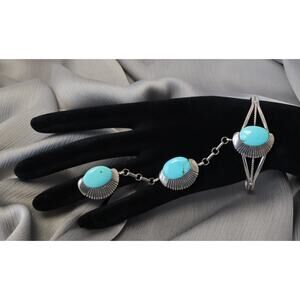 Vintage Navajo Angeline Miller 925 Turquoise HandChain 24.86G/6in/Sz5